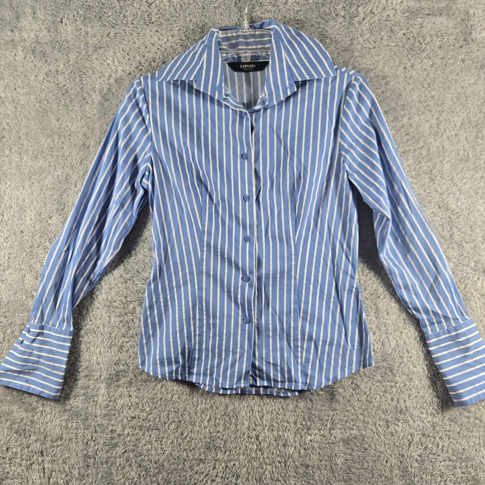 Express Stretch Button Down Shirt Womens 1/2 Blue White Striped Long Sleeve
